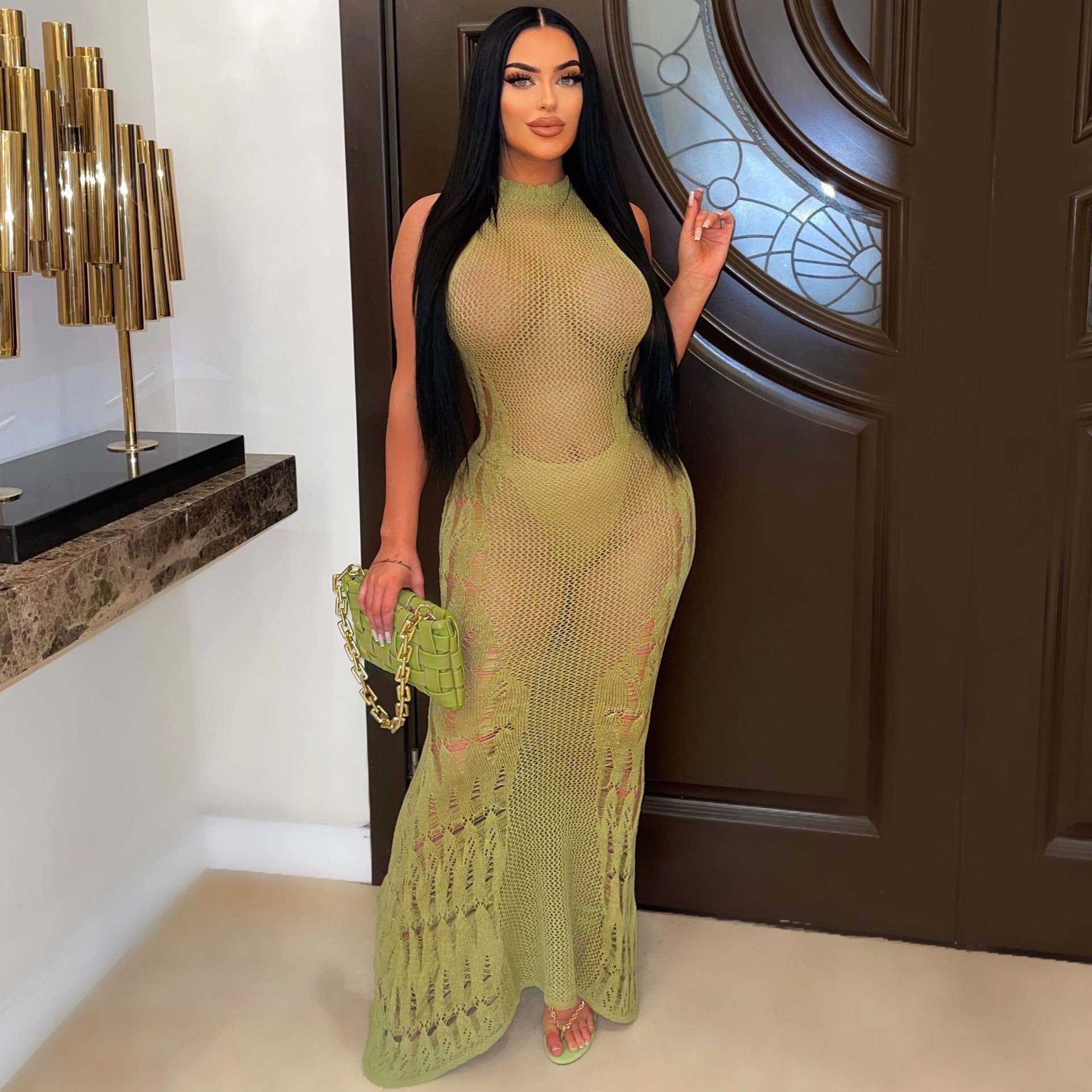 Women Dress Sun Protection Shirt Beach Long Dress Knitting Dress 5