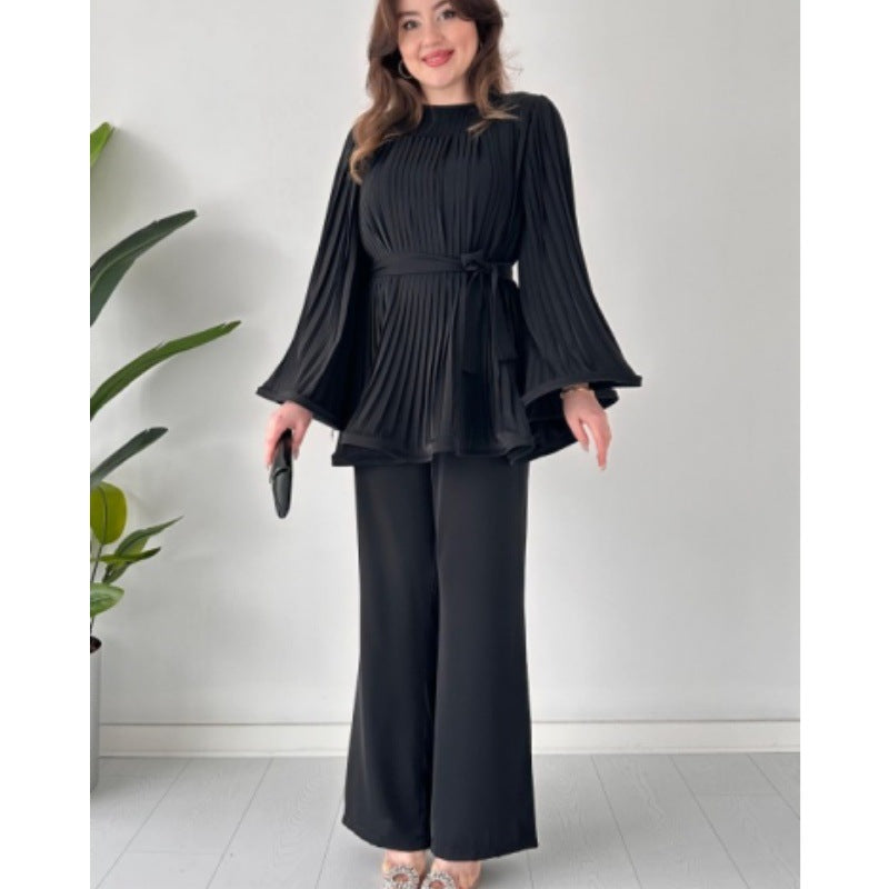 Women's Fashion Casual Belt Pleated Loose Top Wide Leg Pants Two Piece Set 7