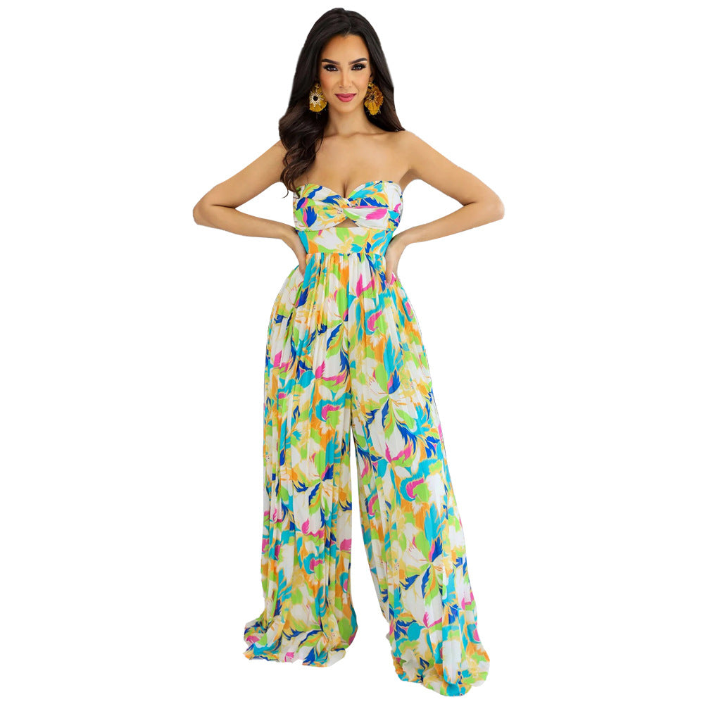 Women Summer Off Shoulder Print Pleated Jumpsuit 4