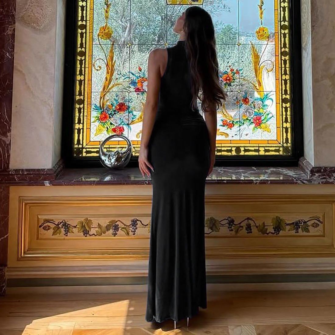 Fashion Women's Solid Color Semi-Turtleneck Metal Button Sleeveless Slim Sexy Dress 5