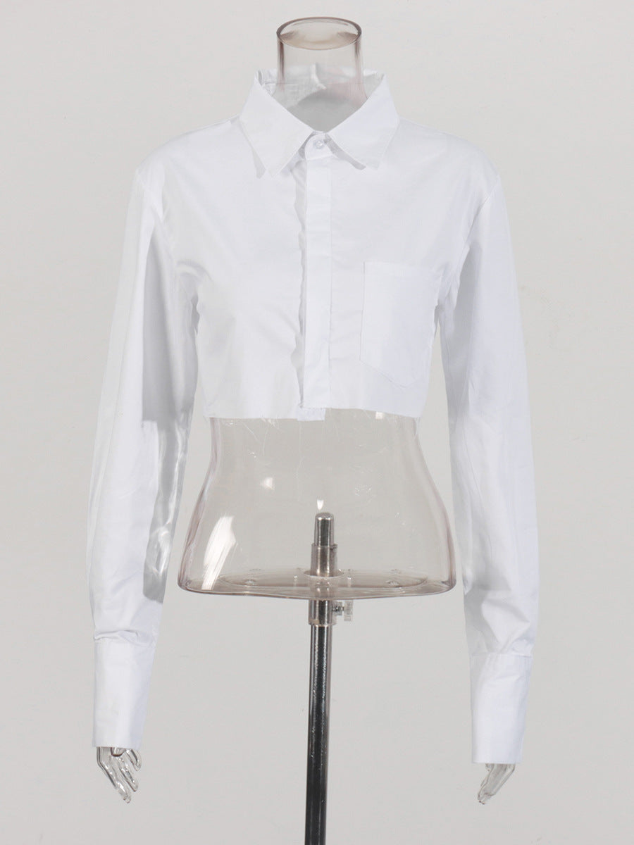 Fashionable Casual Top Spring Turndown Collar Long Sleeve Short Solid Shirt 4