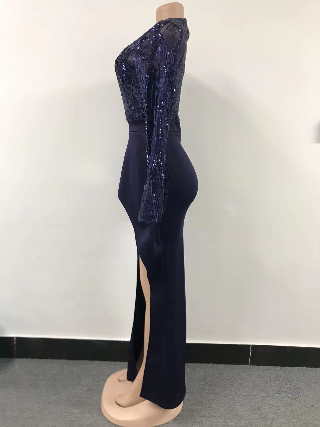 Women Elegant Long Sleeves Sequins Slit Evening Dress 16