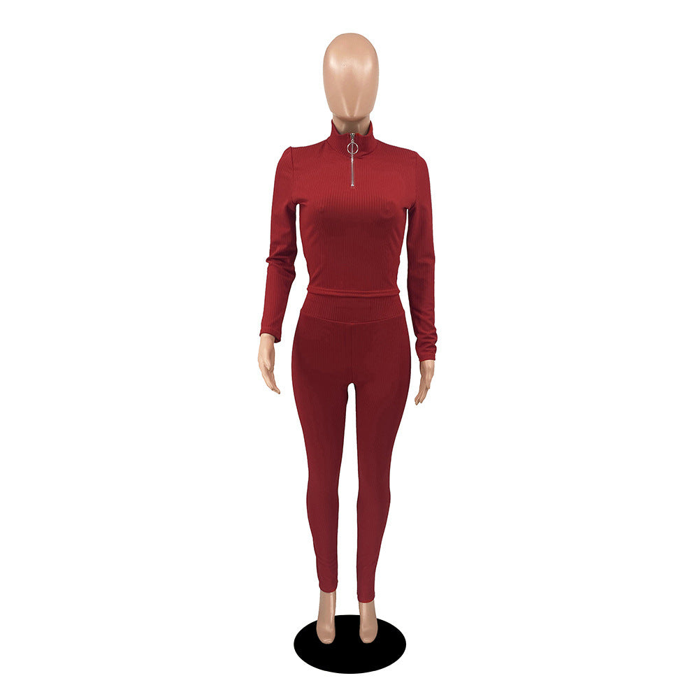 Women's Autumn Solid Color Ribbed Zipper Long Sleeve Tight Slim Sport Two Piece Pants Set 29