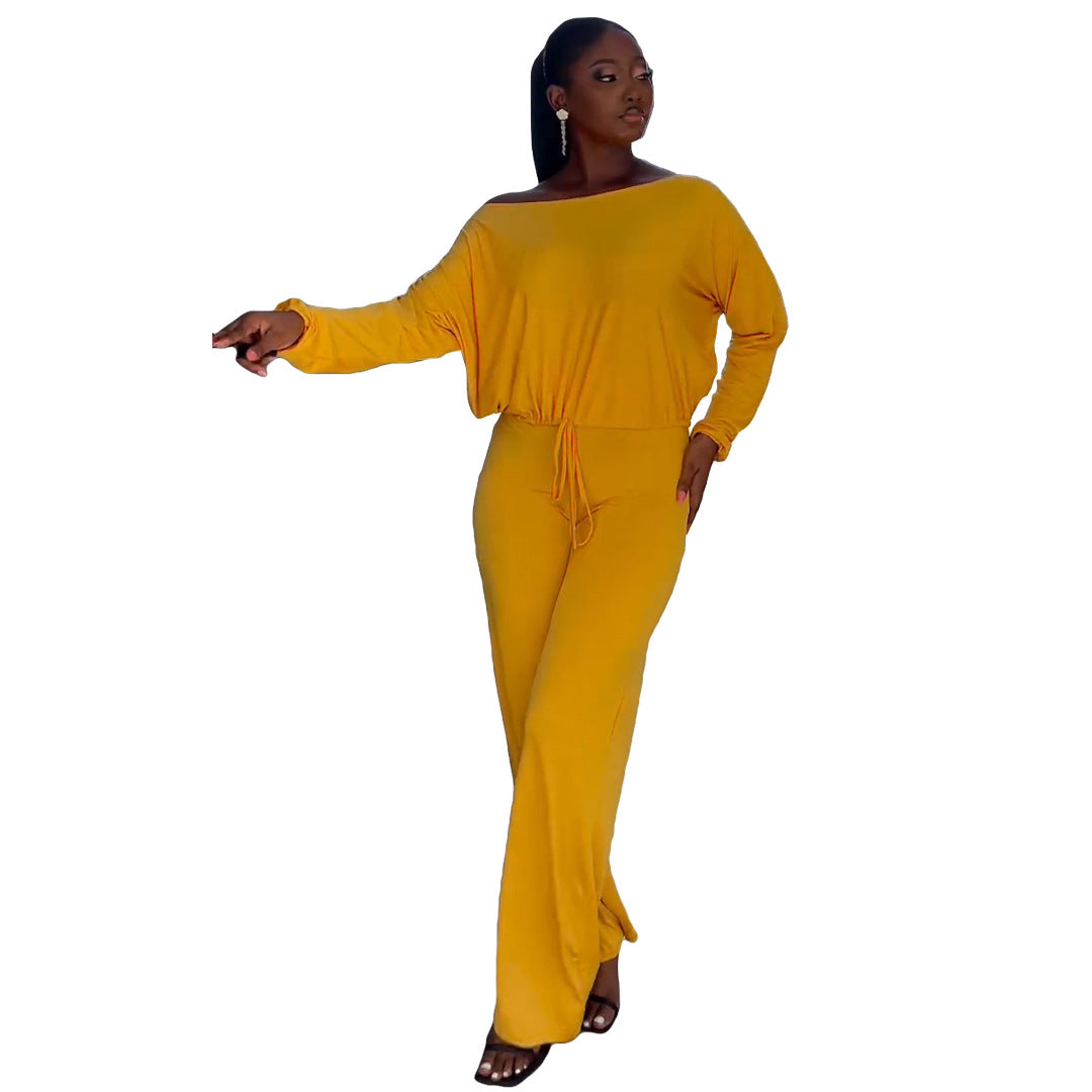 Women's Fashion Casual Solid Bat Sleeves Drawstring Jumpsuit 10
