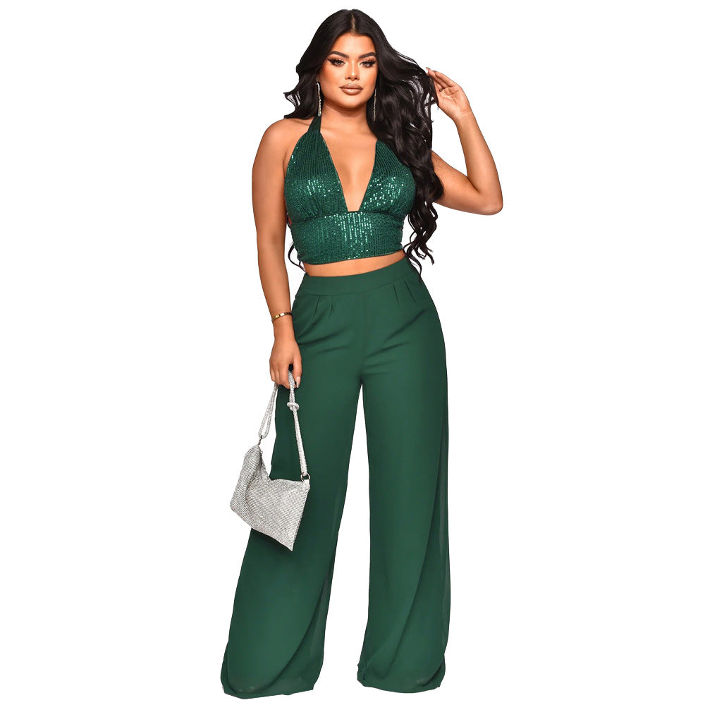 Sexy Sequined Halter Neck Tank Top Chiffon High-Waisted Straight Pants Two-Piece Set 7