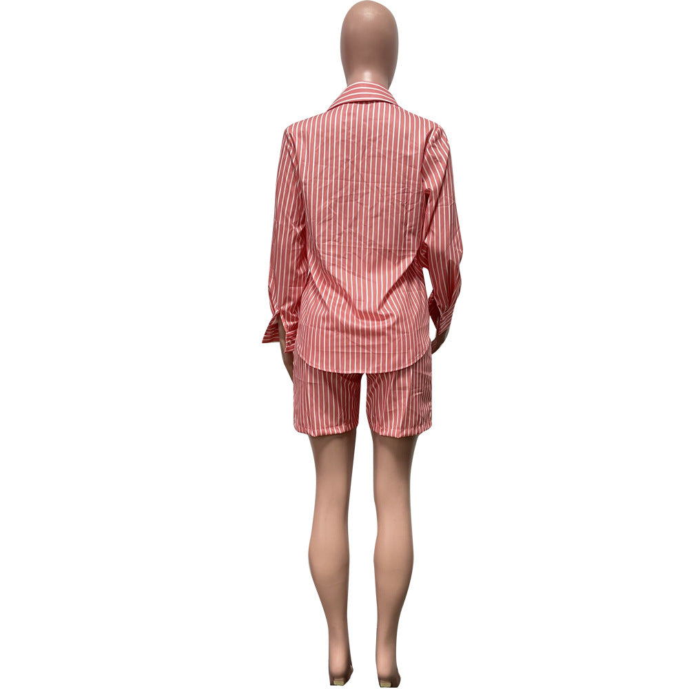 Women's Fashion Casual Stripe Patch Pocket Summer Shirt Shorts Two-Piece Set 20