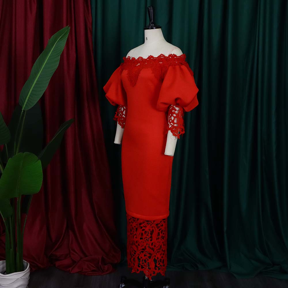 Women's Clothing Off Shoulder Lace Patchwork Puff Sleeve Formal Party Evening Dress 18