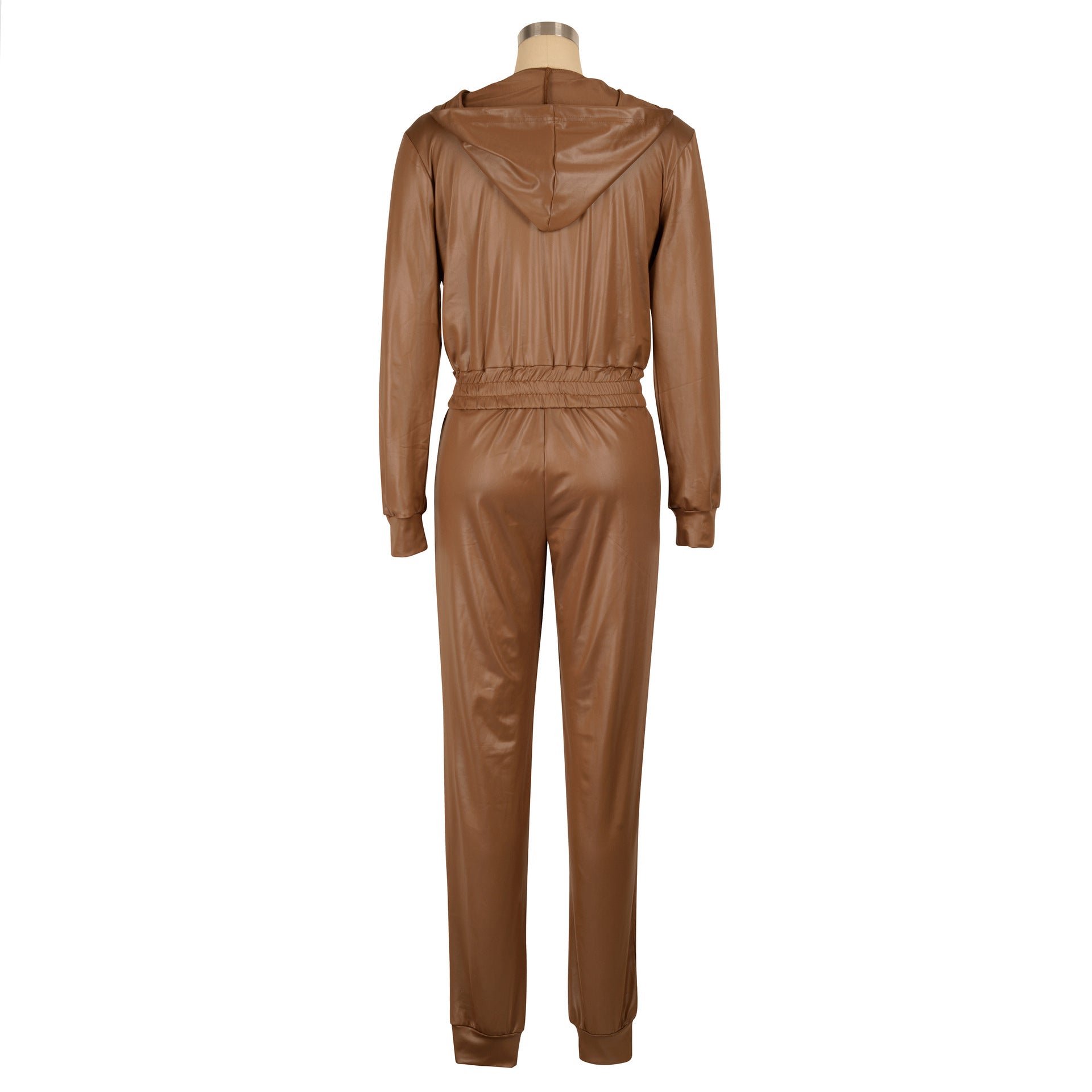 Women Casual PU-Leather Hooded and Pant Two-piece Set 17