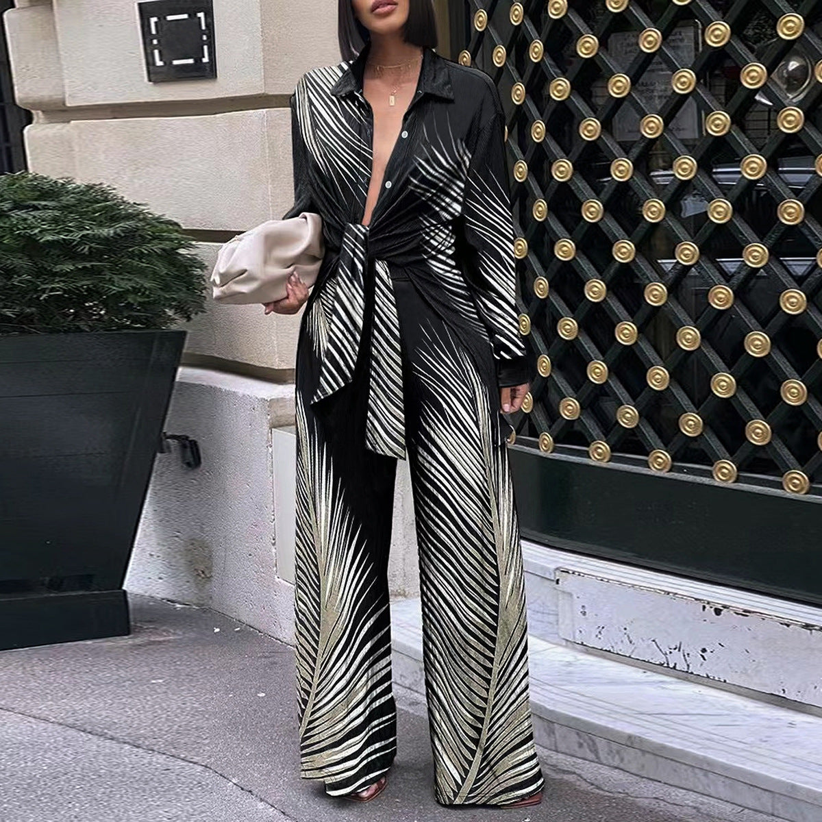 Women Casual Printed Long Sleeve Shirt and Pants Two-piece Set 3