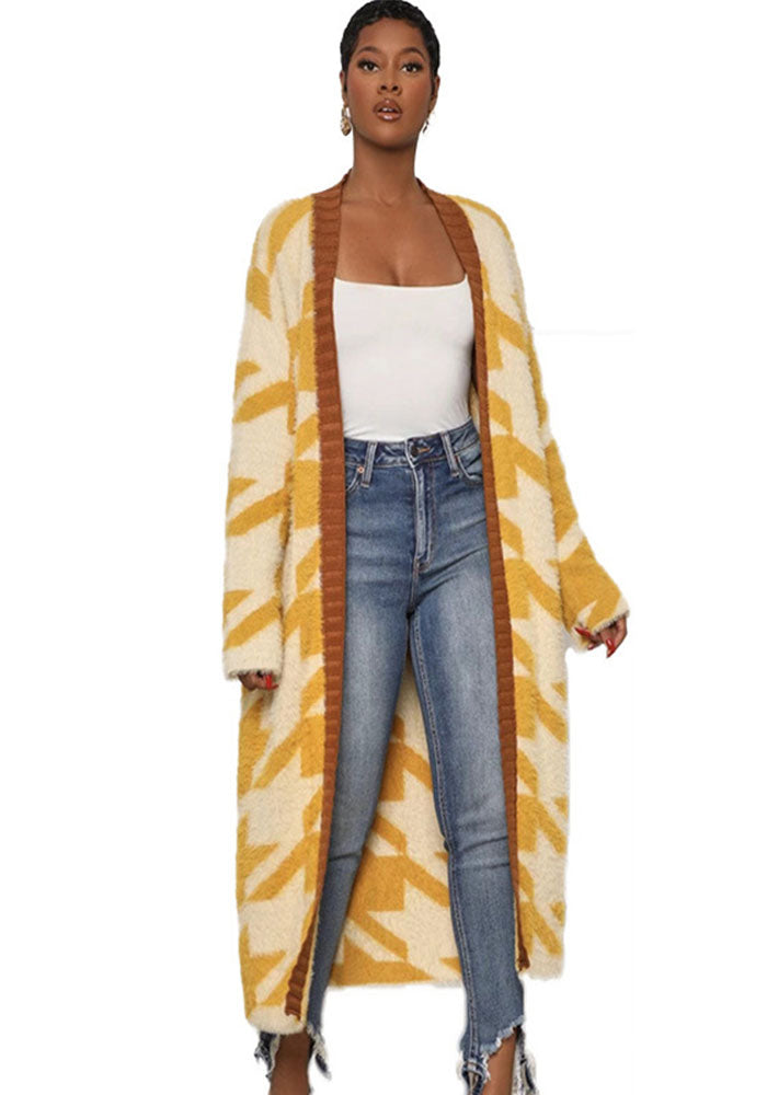 Houndstooth Knitting Velvet Coat Loose Cardigan