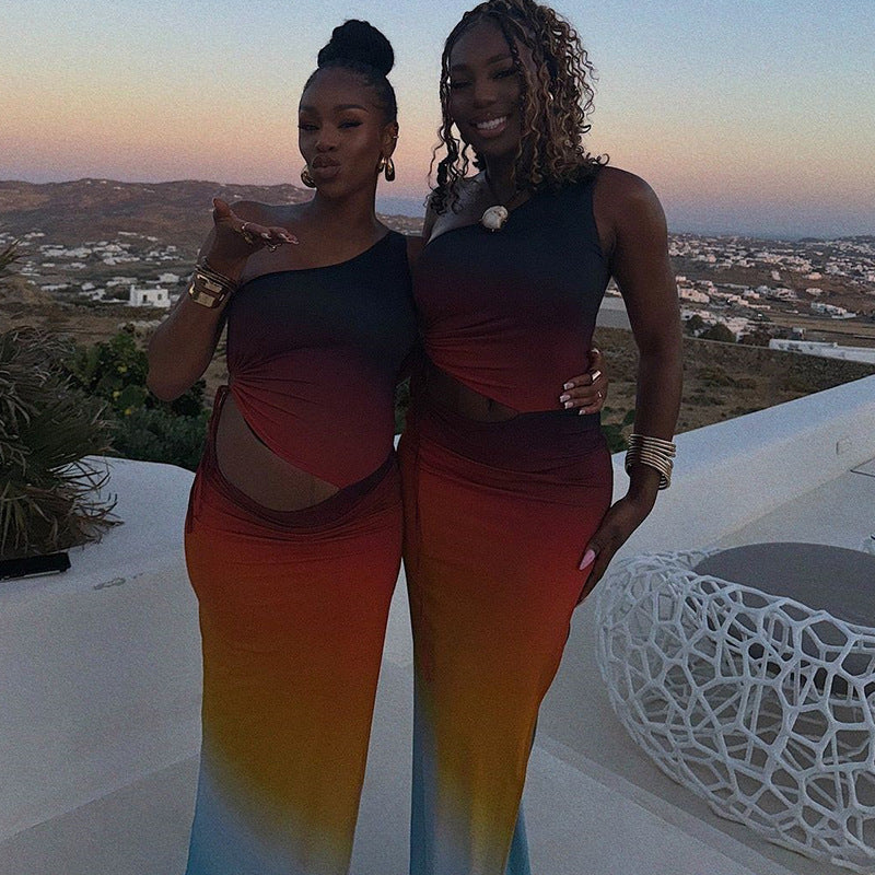 Women printed sexy sleeveless one-shoulder suspender lace dress 5