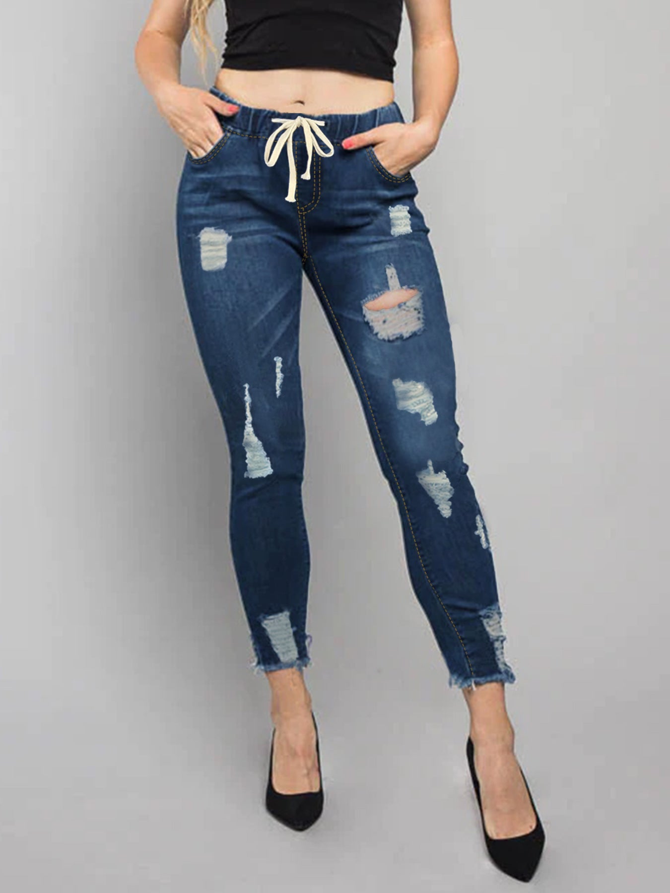 Women's Elastic Waist Ripped Denim Pants Women's Mid Rise Tie Slim Fit Stretch Tight Jeans 6