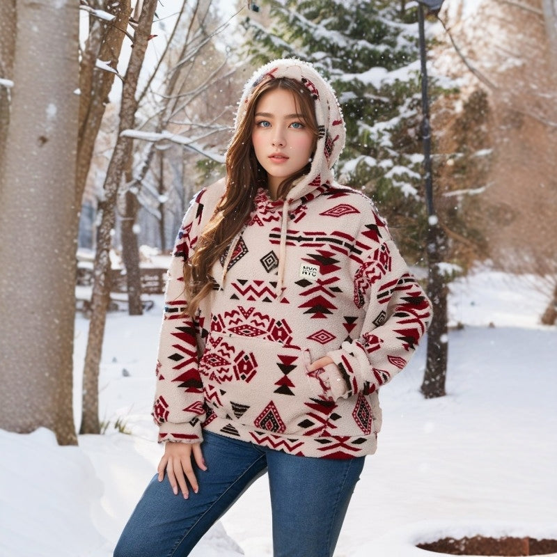 Autumn Winter Plus Size Hooded Top Women's Pocket Fluffy Hoodies
