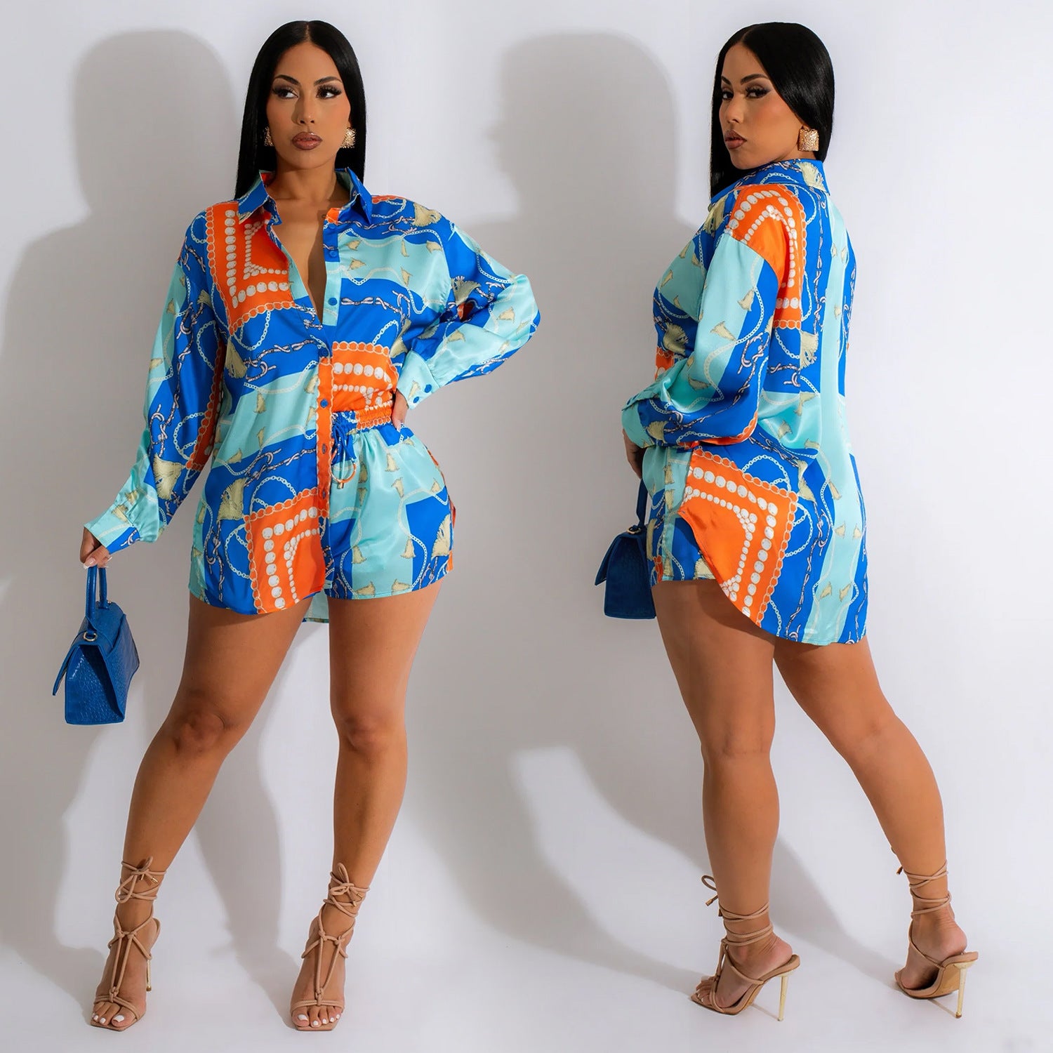 Ladies' Fashion Colorblock Turndown Collar Long Sleeve Shirt Shorts Two Piece Set 3