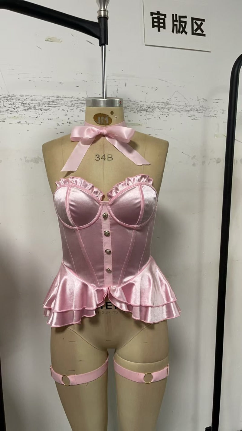 Women's Sexy Pink Lace Bow Bodysuit 7