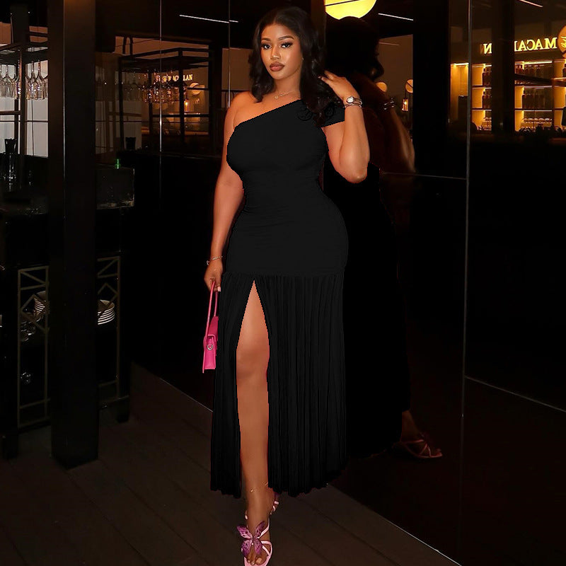 Women Solid Pleated Irregular One-Shoulder Slash Shoulder Slit Dress 3