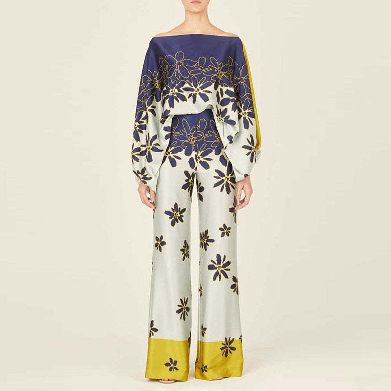 Women Casual Loose Off Shoulder Top and Printed Wide Leg Pants Two-piece Set 6