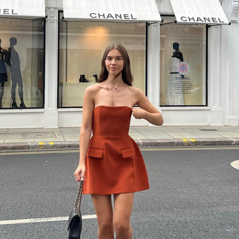 Summer Solid Color Sleeveless Sexy Strapless Slim High Waist Short Dress 5