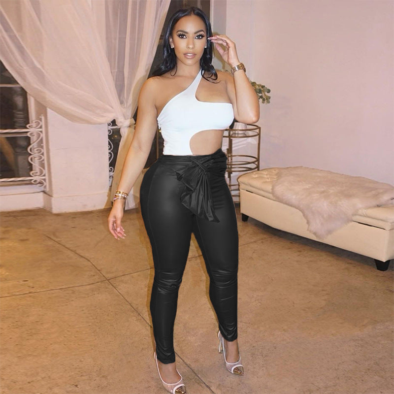 Women Stretch Belted Casual Pu Leather Pants 8