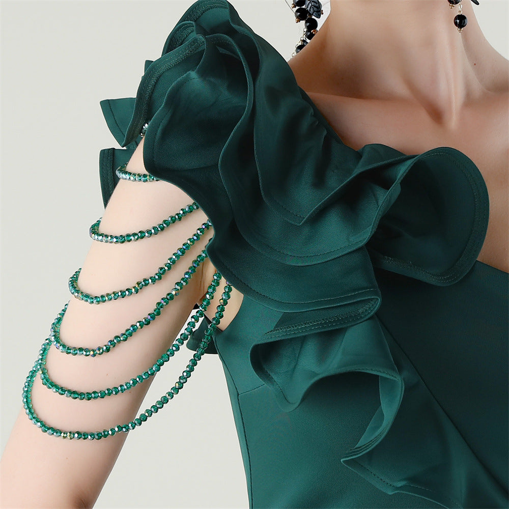 Women One-Shoulder Beaded Wool and Floral Satin Slit Sexy Evening Dress 71