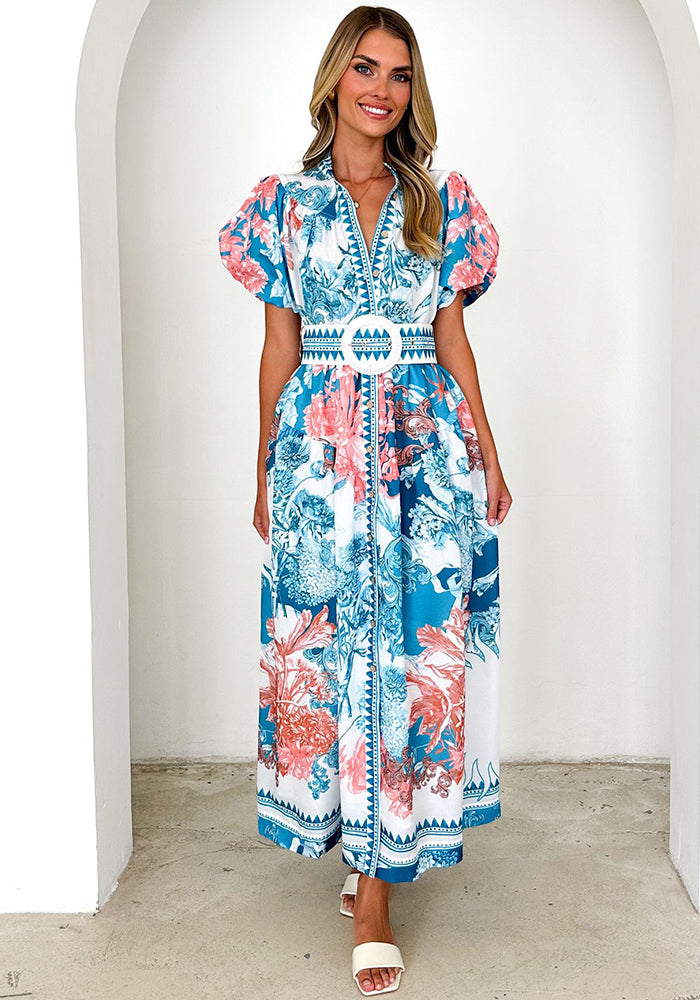 Casual Tie-Waist Printed Long Dress