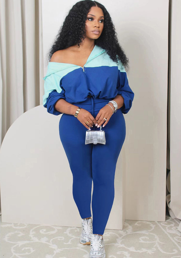 Women Casual Long Sleeve Patchwork Hooded Top and Pants 2-Piece Set