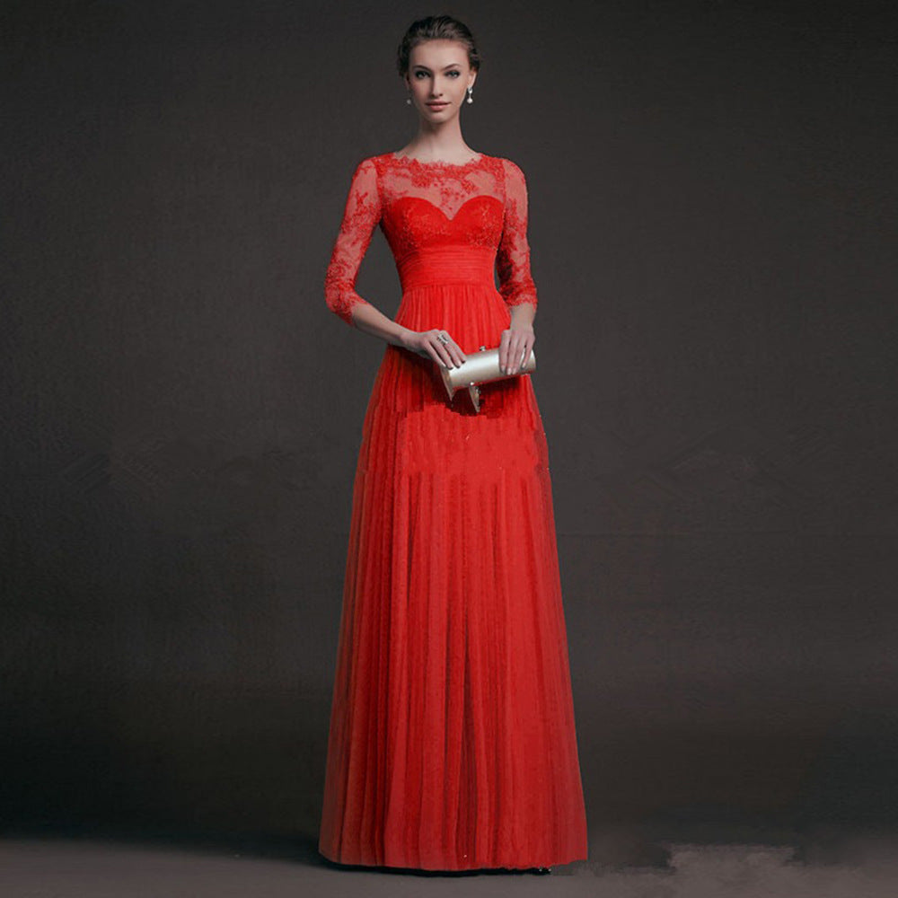 Autumn Women's Red Long Sleeve Lace See-Through Evening Gown