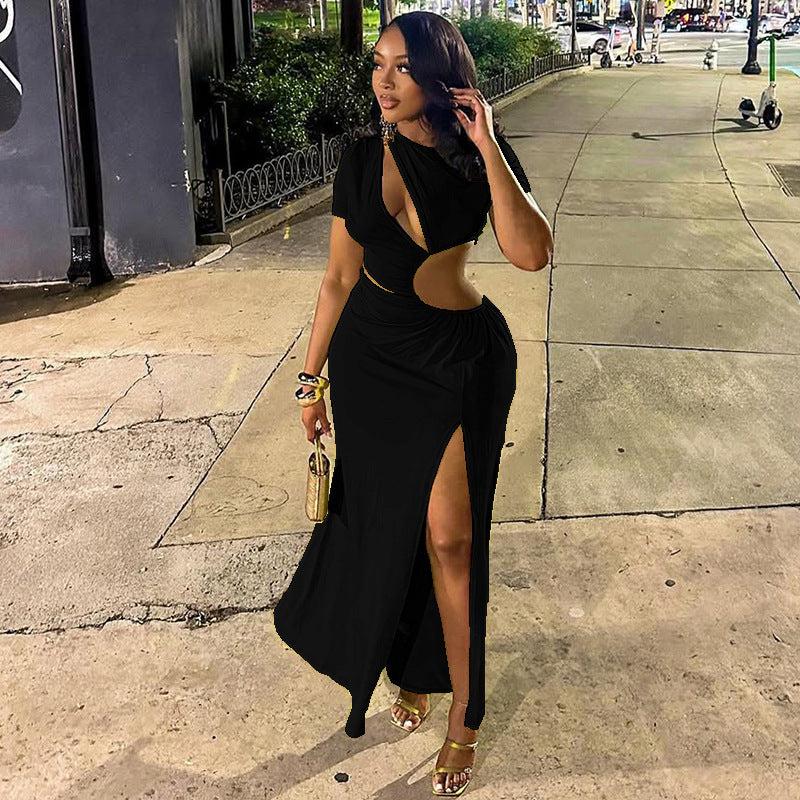 Chic Women's Fashion Cut-Out Slit Irregular Round Neck Solid Color Pleated Dress 3