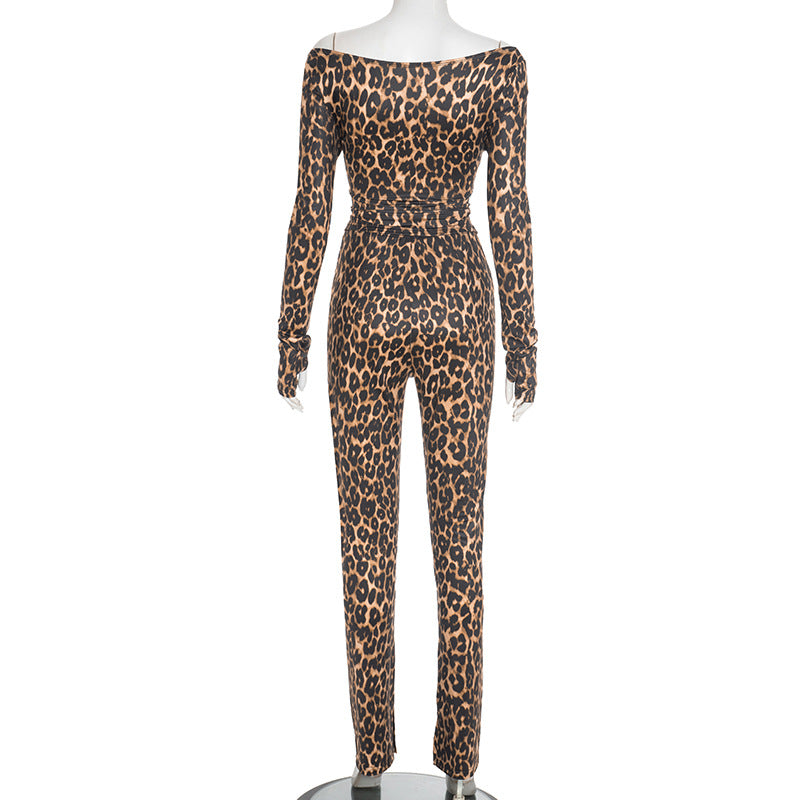 Women's Autumn Winter Leopard Print Off Shoulder Deep V-Neck Finger Sleeve High Waist Pants Set 9