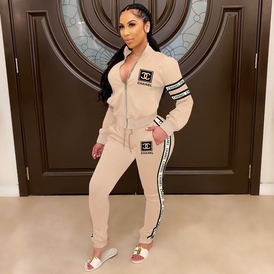 Women's Winter Chic Trendy Print Pants Long Sleeve Zipper Coat Set 12