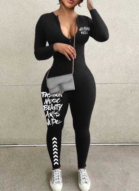 Fashionable Women 's Printed Zipper Long Sleeves Jumpsuit 4