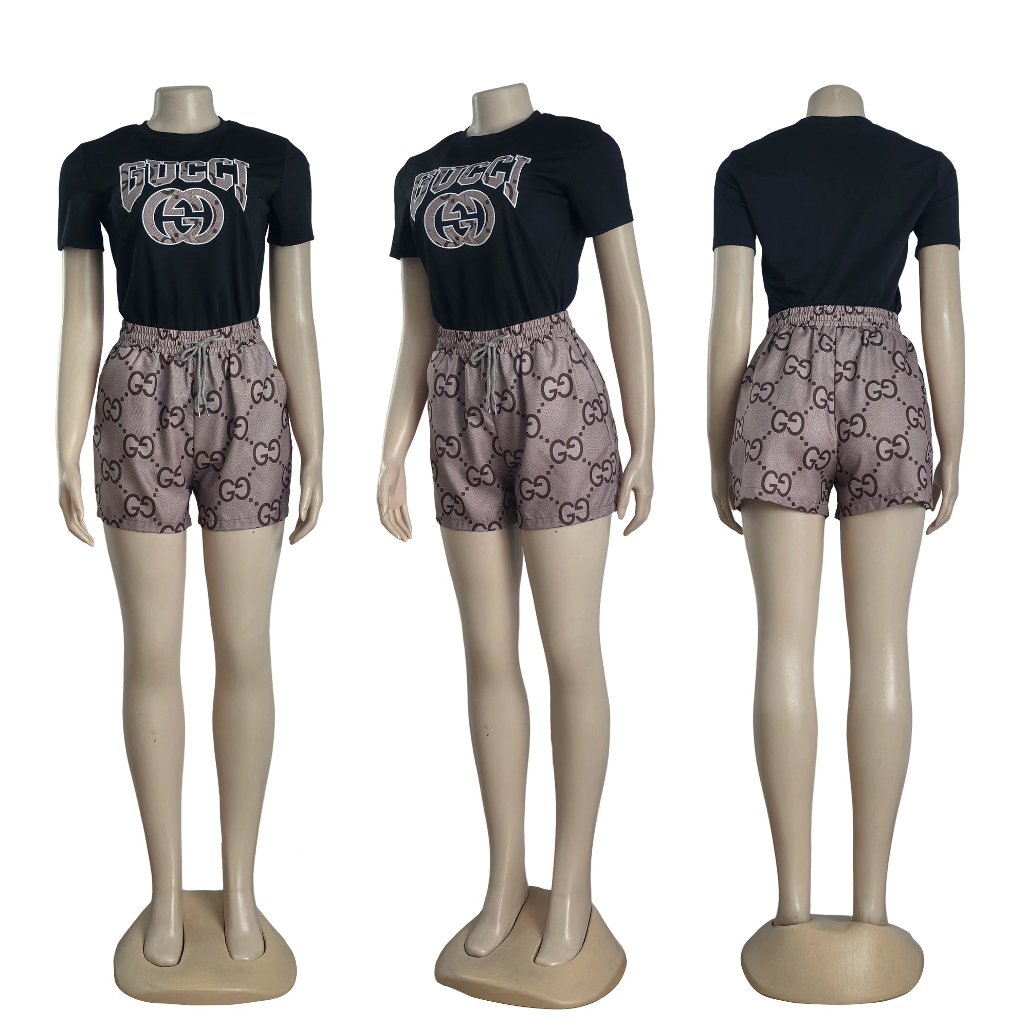 Women Summer Embroidered Printed Short Sleeve Top and Shorts Two-Piece Set 7