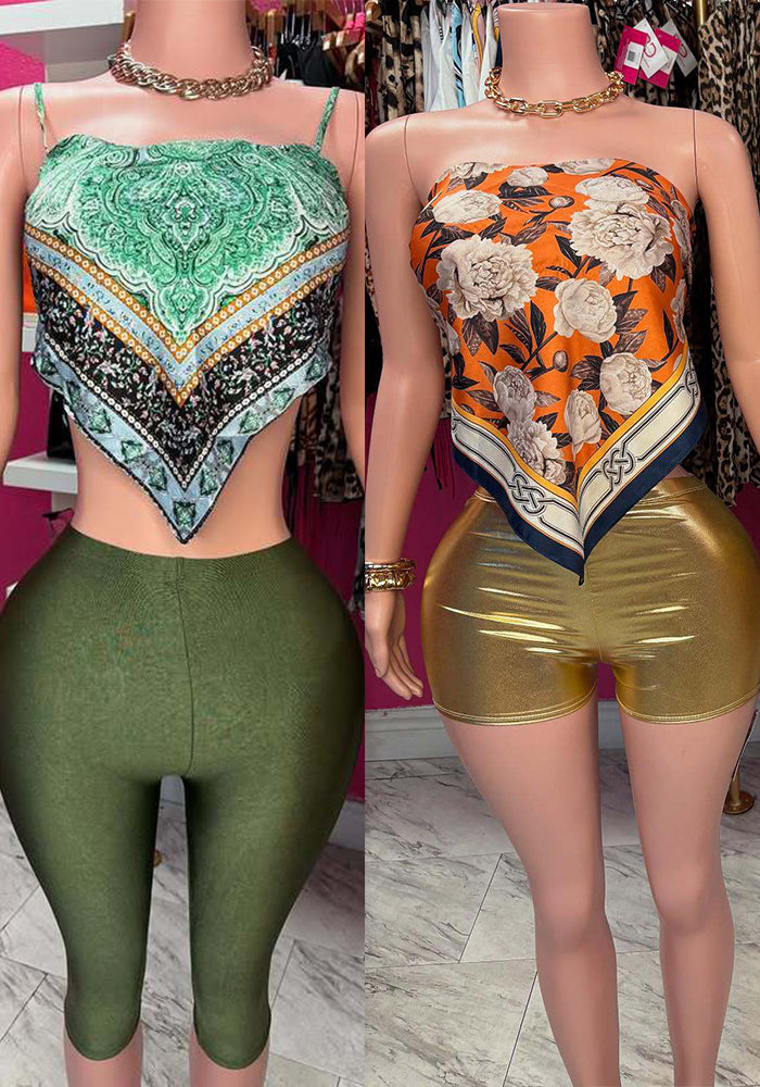 Women Casual Strapless Suspender Printed Top Shorts/Cropped Pants Two-piece Set