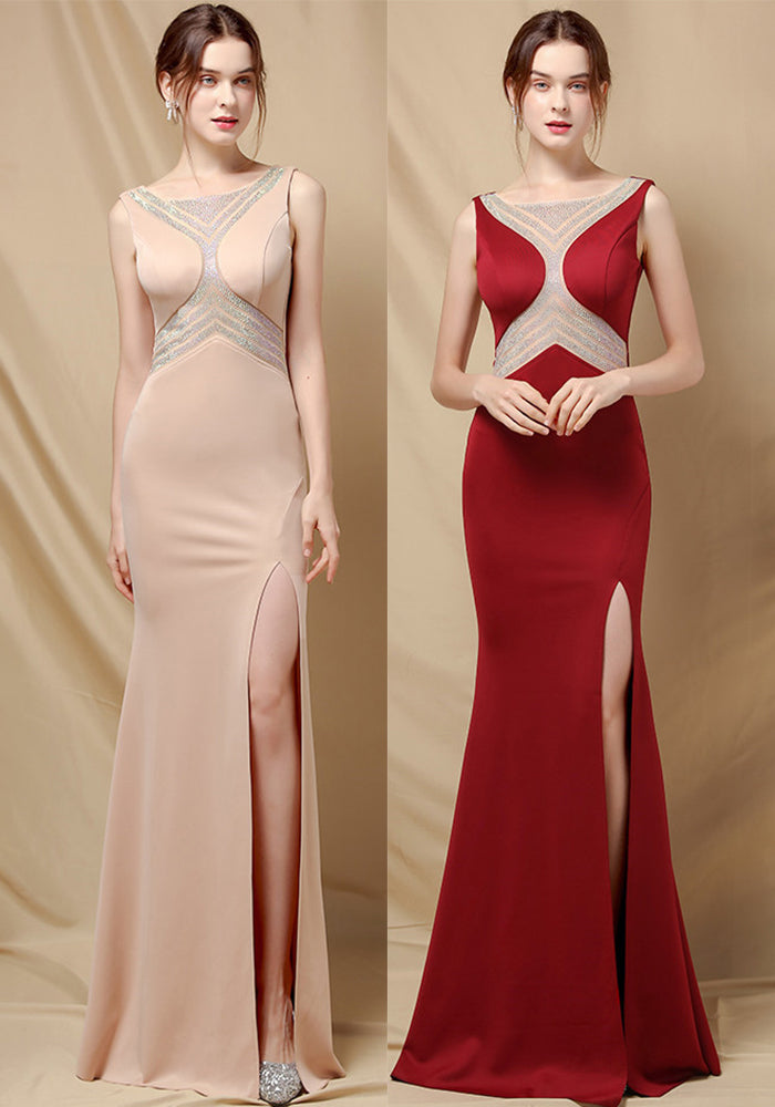 Elegant Beaded Side Split Sleeveless Mermaid Evening Dress