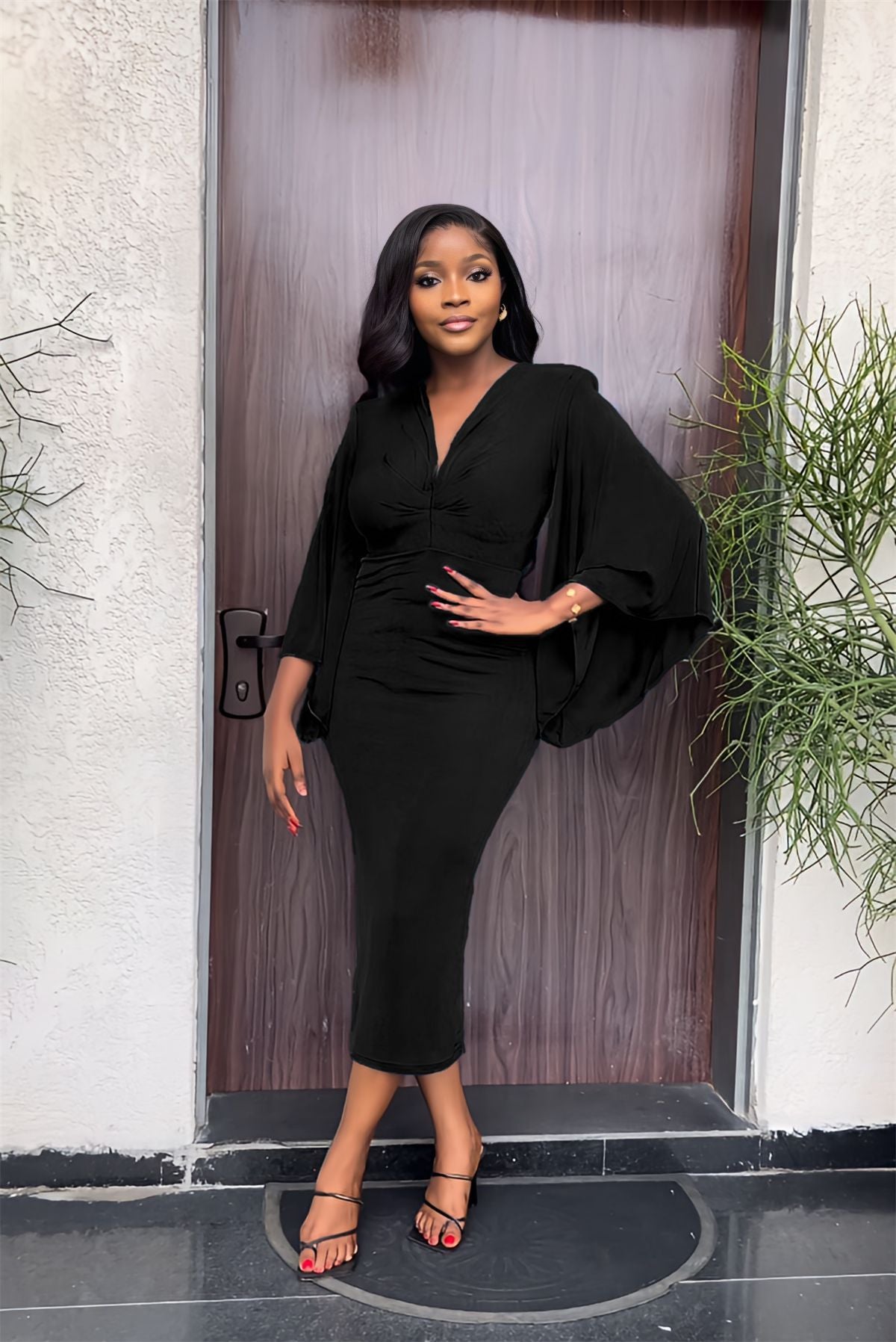 Chic Elegant Bat Sleeves V-Neck Slim Midi Women's Dress 3