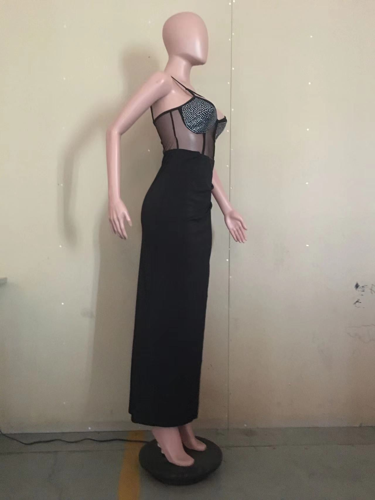 Women Summer Patchwork Mesh Beaded Slit Long Dress 16