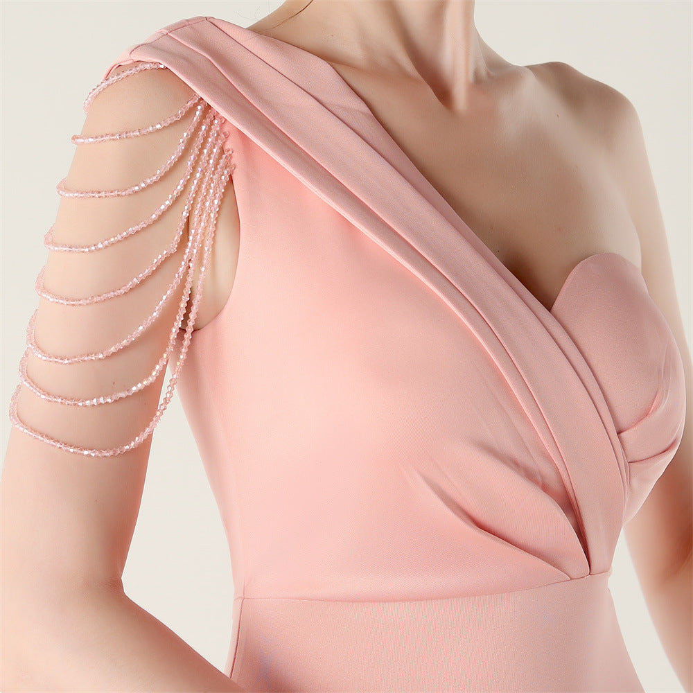 Women sexy and elegant evening beaded one-shoulder slit evening dress 22