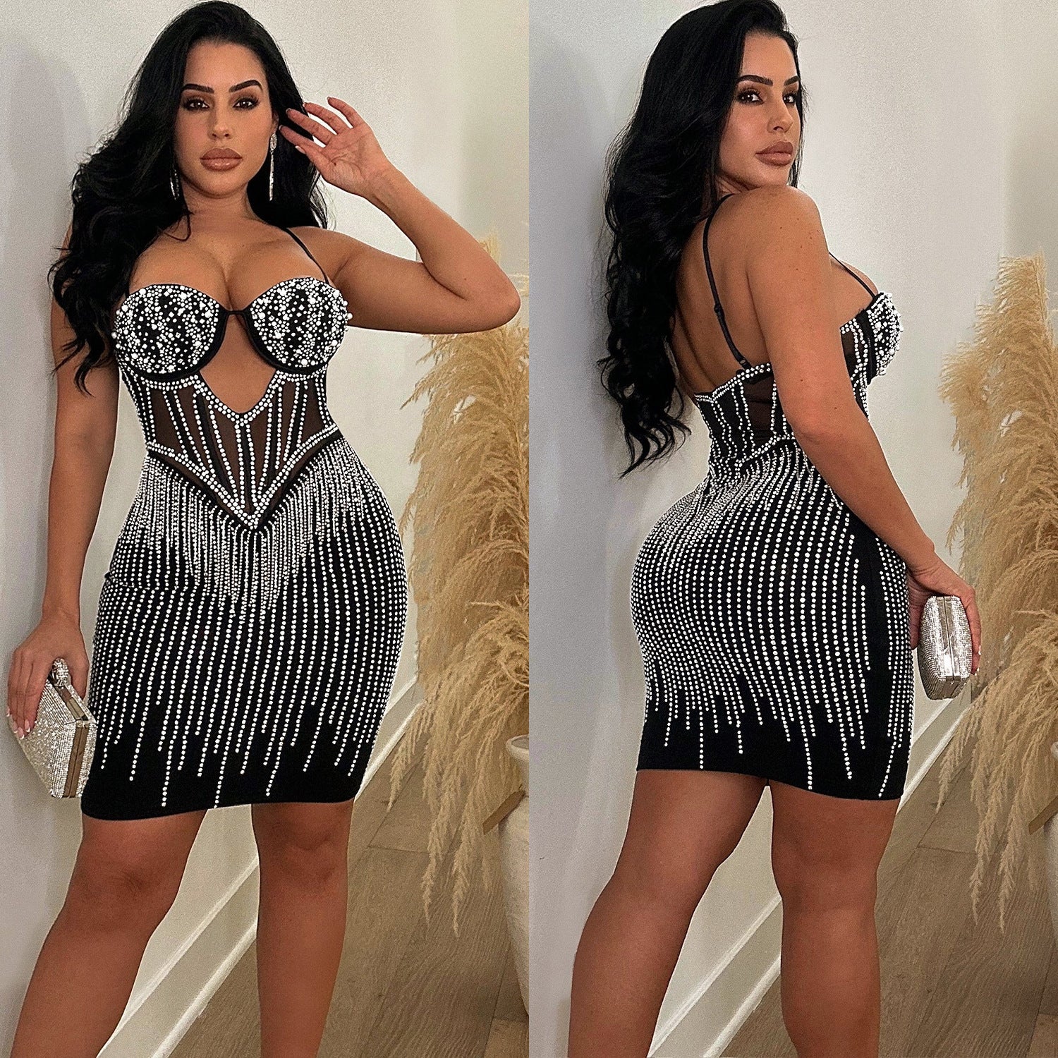 Fashionable Women's Solid Color Mesh Beaded Suspender Skirt Dress 7