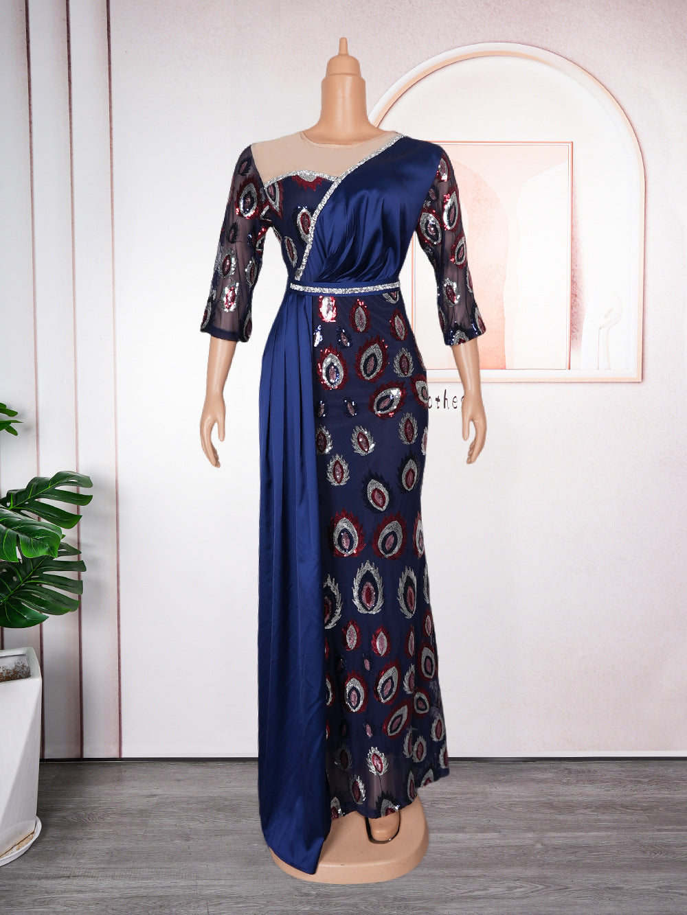 Patchwork Contrast African Women's Plus Size High Waist Sequin Long Dress 13