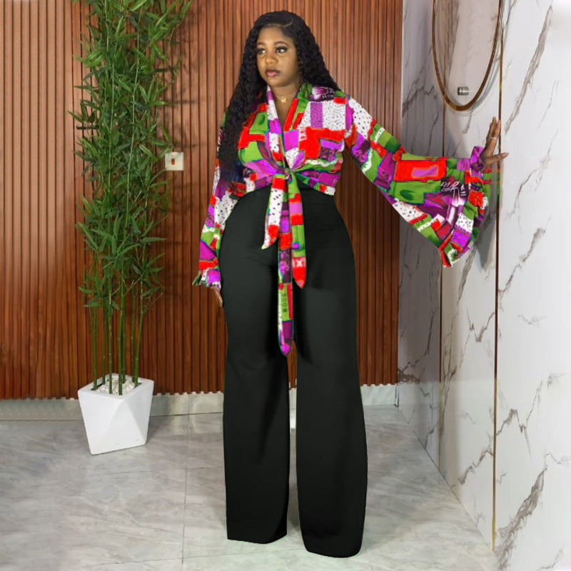 Plus-Size Women Fall Printed Bell Bottom-Sleeve Top and Wide-Leg Pants Two-Piece Set 4