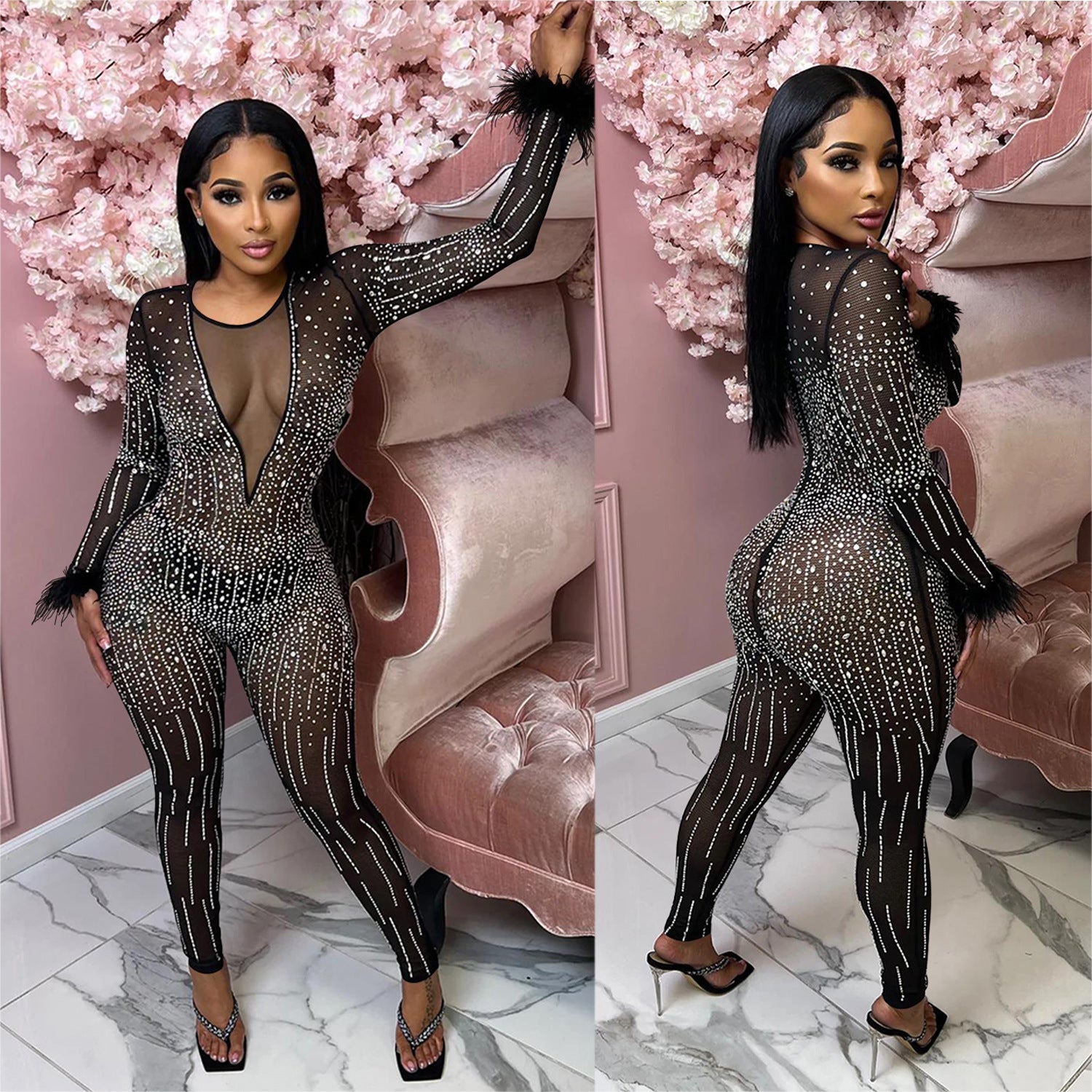 Fashion Women's Mesh Beaded V-Neck Long Sleeve Feather Long Library Jumpsuit 8
