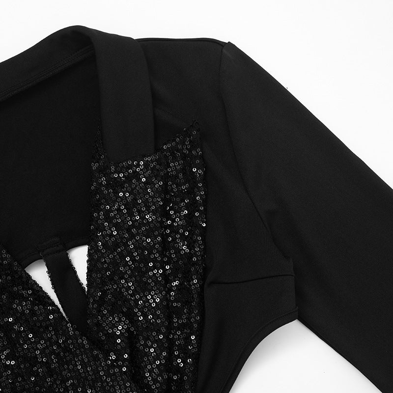 Women Fall Solid Sequined Long-Sleeved Elegant Patchwork Dress 29