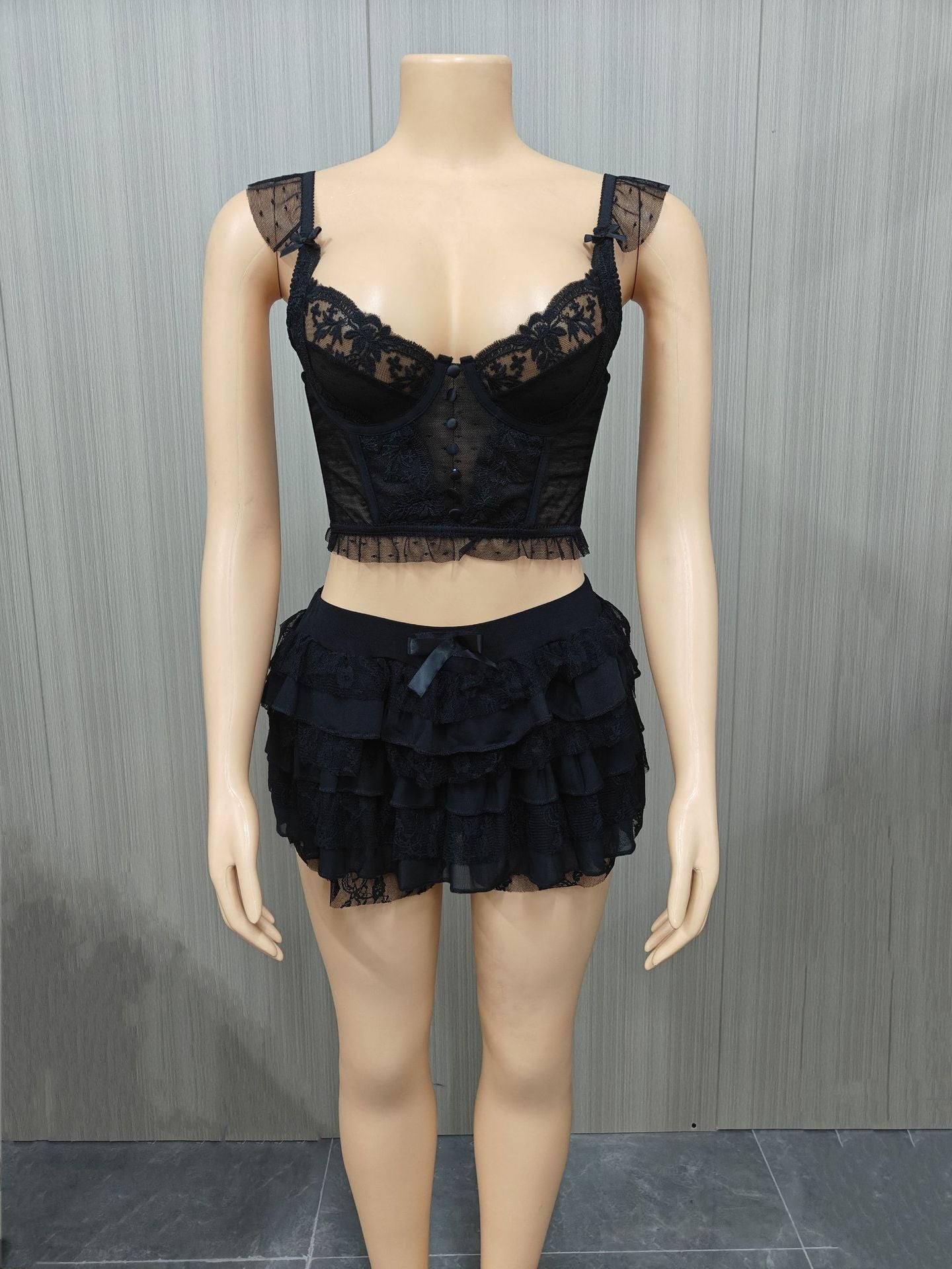 Plus Size Women Summer Sexy Lace Hollow Top and Skir Two-Piece Set 13