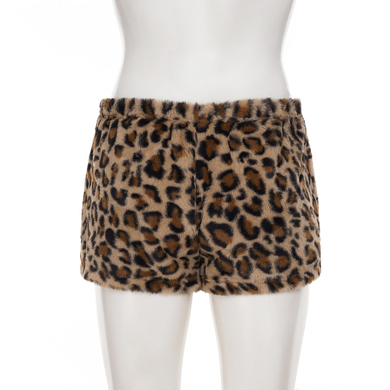 Women Leopard Print Off-Shoulder Long-Sleeved T-Shirt and Furry Shorts Two-Piece Set 30
