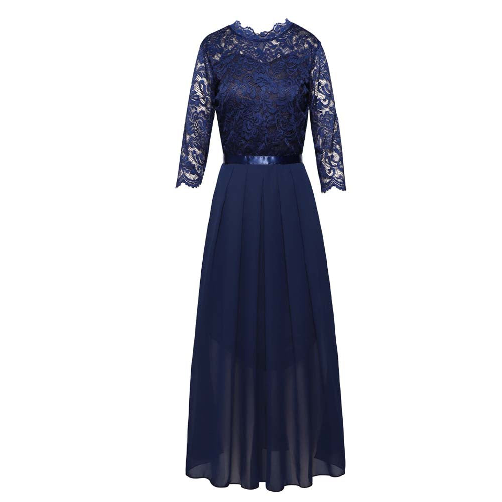 Women Patchwork Chiffon Round Neck Lace Evening Gown 12