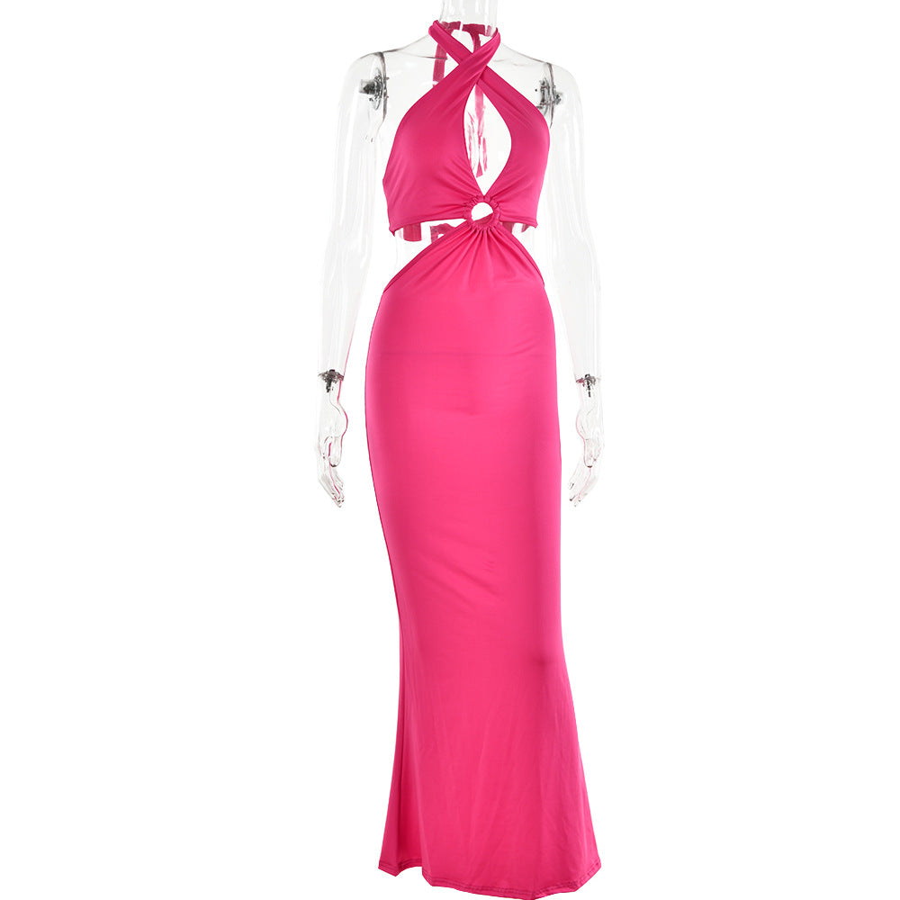 Summer Dress Sexy Fashion Patchwork Halter Neck Lace-Up Low Back Maxi Dress 12