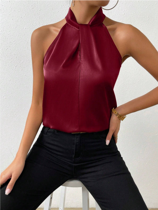 Women summer satin Halter neck sleeveless vest top 5