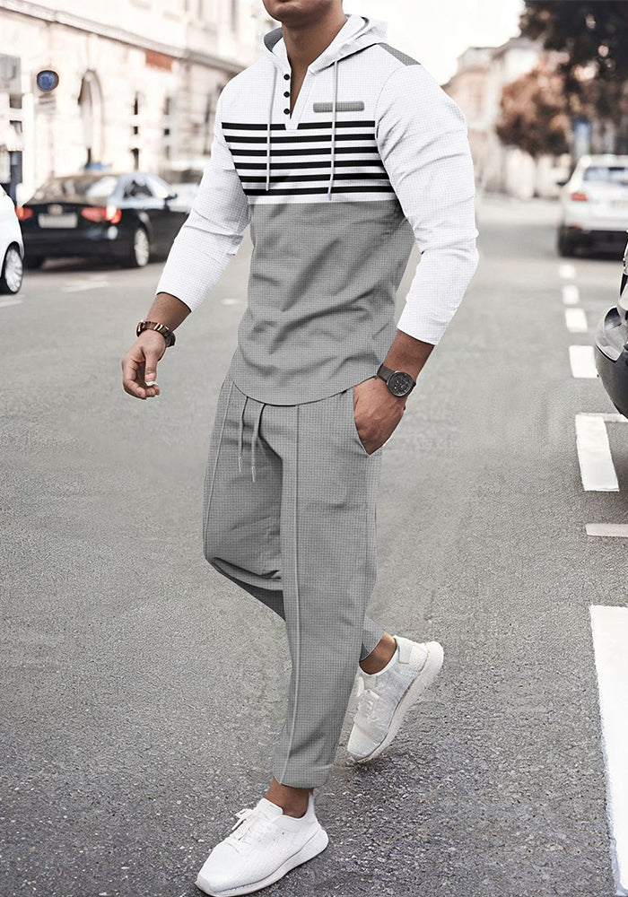 Men's Casual Set Outdoor Hooded Striped Long Sleeve Hoodies Pants Set