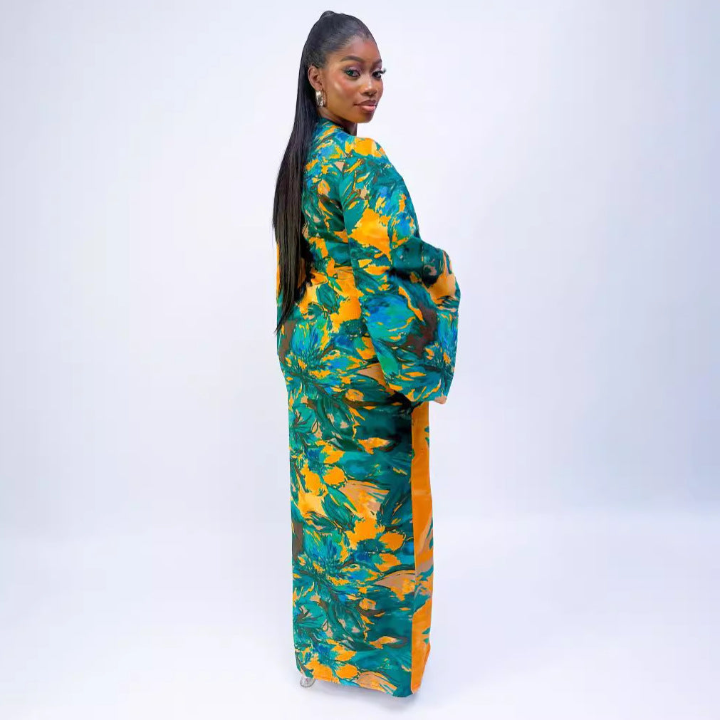 Printing Bell Bottom Sleeve V-Neck Slim Waist Long Dress 4