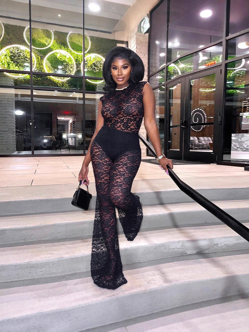 Women Sexy See-Through Lace Patchwork Bodysuit, Bell Bottom, Two-Piece Set